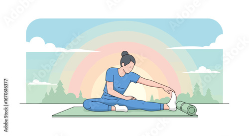 Woman Practicing Leg Stretching Exercise On Yoga Mat Outdoors At Sunrise
