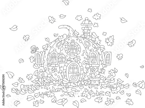 Cozy small house from pumpkin with windows, door, chimney pipe and mailbox surrounded by falling and swirling autumn leaves, black and white vector illustration for a coloring book