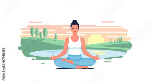 Woman Practicing Meditation Outdoors By The Lake At Peaceful Sunset Scene