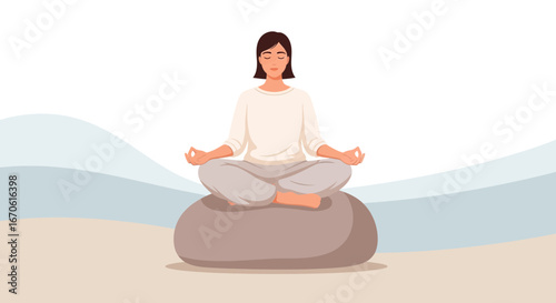 Woman Practicing Meditation Sitting In Lotus Position On A Rock