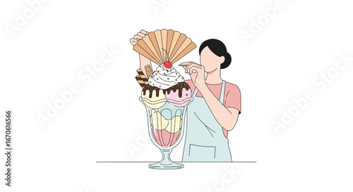 Woman Prepares A Colorful Ice Cream Sundae Dessert With Chocolate Decoration