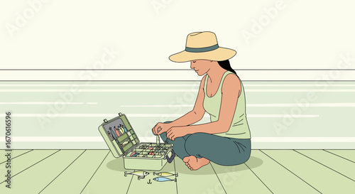 Woman Prepares Fishing Gear On Dock For Relaxing Outdoor Adventure