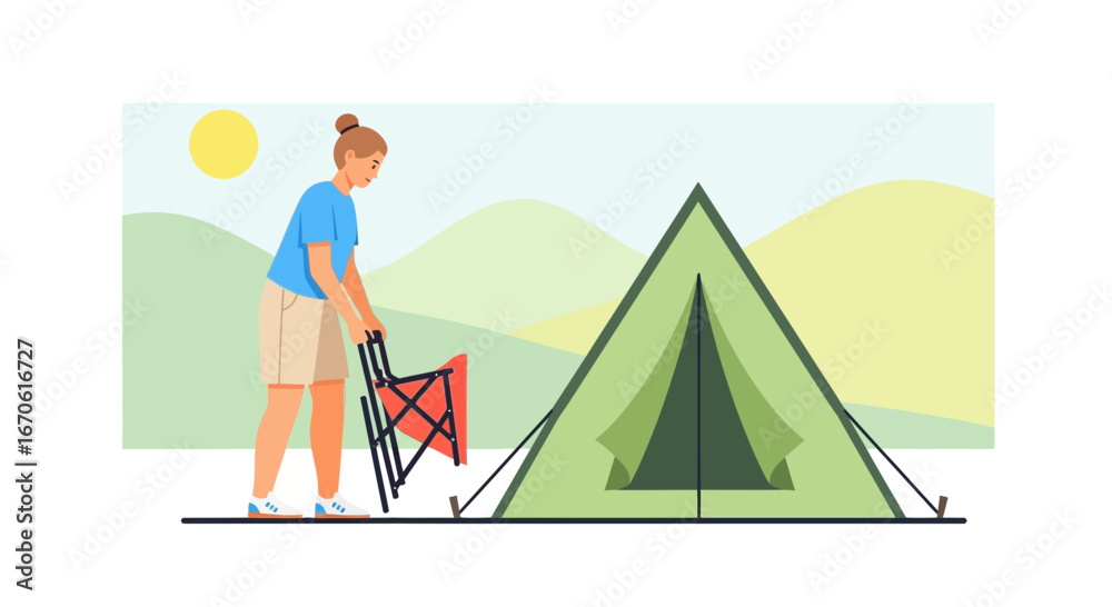 Fototapeta premium Woman Prepares Relaxing Camping Spot Near A Tent On Summer Holiday