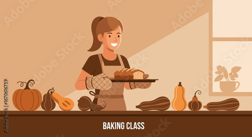 Woman Preparing Autumnal Breads And Treats In Kitchen At Home Class Session