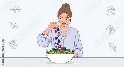 Woman Preparing a Healthy Salad with Fresh Berries for a Nutritious Meal