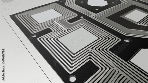 Close up of a circuit board with square patterns and metallic lines on a black background surface |  editable eps vectors silhouette