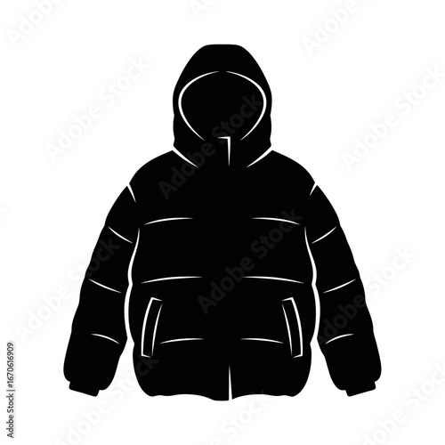 Winter clothing icons vector art of black and white puffer jacket with hood for winter vector