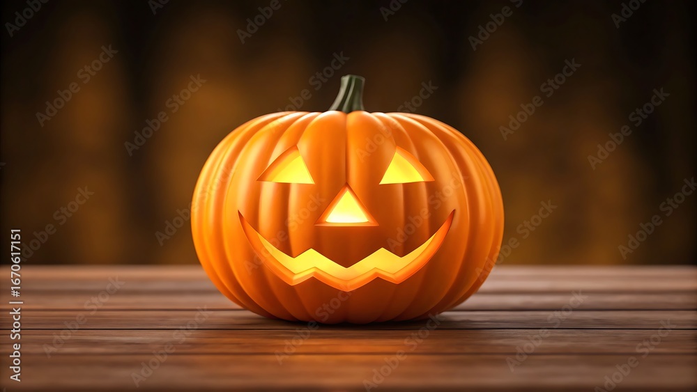 Fototapeta premium Glowing Jack-o'-lantern on a Wooden Surface with Blurred Background