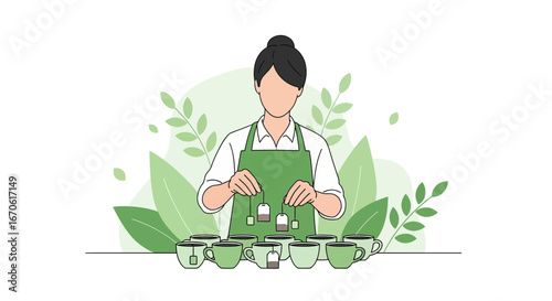 Woman Preparing Herbal Tea Selection In Cups With Leaves Background