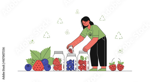 Woman Preserving Fresh Berries in Jars for a Sustainable Lifestyle Choice