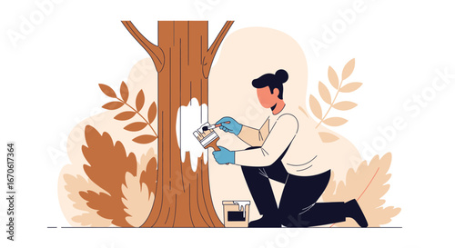 Woman Protecting Tree Trunk With White Paint In Flat Design Style Illustration