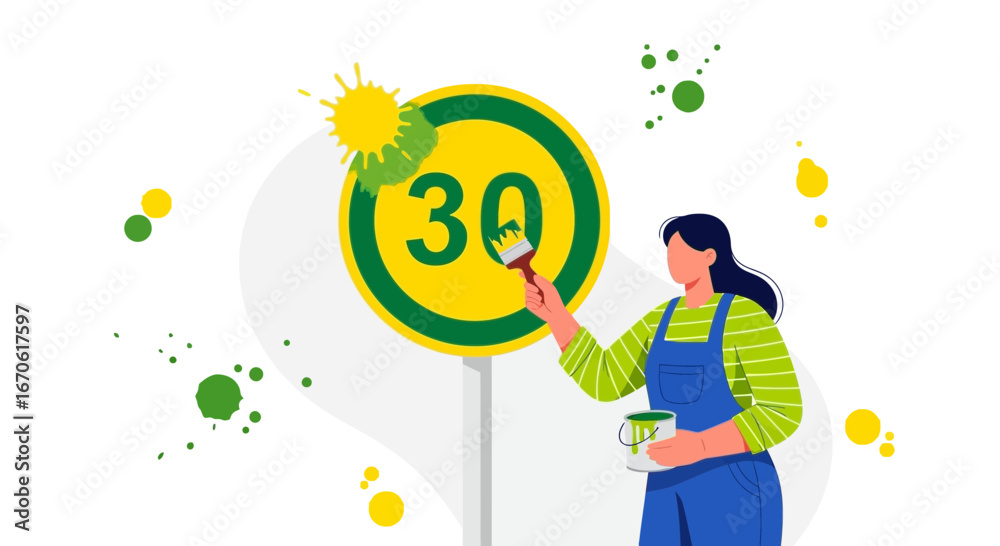 Fototapeta premium Woman Refreshing a Roadside Speed Limit Sign With Vibrant Colors