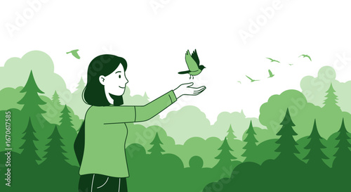 Woman Relasing a Bird Into The Forest Illustration Environment Concept