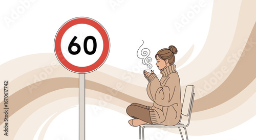 Woman Relaxing With Coffee Beside The Maximum Speed Limit Sixty Sign