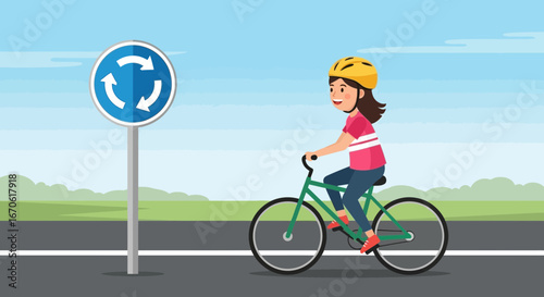 Woman Riding Bicycle Near Roundabout Sign On Sunny Day Adventure Concept