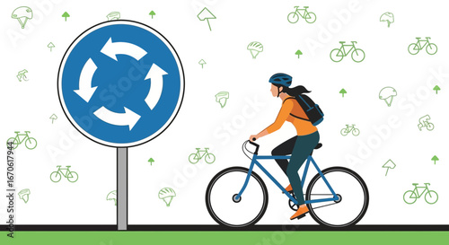 Woman Riding Her Bicycle Near a Roundabout Road Sign in the City