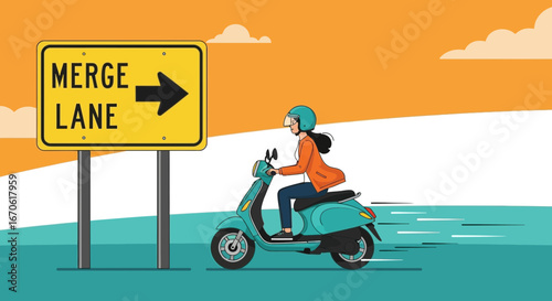 Woman Riding Scooter Passing Merge Lane Sign on Bright Road Way