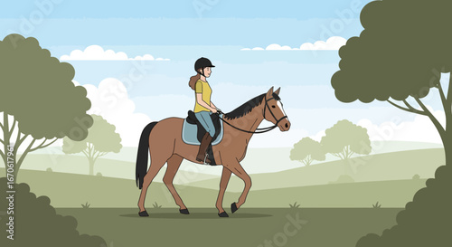 Woman Riding Horse Through Picturesque Countryside Scenery on Sunny Day