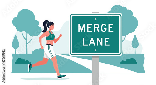 Woman Running Beside a Road Sign Motivation for a Healthier Lifestyle
