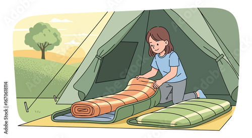Woman Setting Up Camp Preparing Sleeping Bag For Comfortable Outdoor Adventure