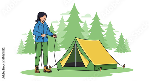 Woman Setting Up Tent in The Woods Adventure for Outdoor Camping