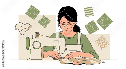 Woman Sewist Creates Fabric Craft Using A Sewing Machine For Tailoring Business