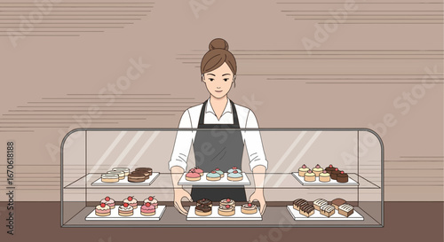 Woman Showcases A Variety Of Tempting Pastries In A Modern Bakery Display