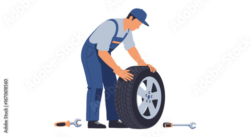 Mechanic in blue overalls is changing a tire, with tools on the ground, against a white background.