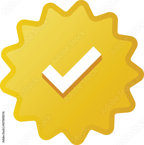 Gold check badge with verification mark, flat vector approval symbol in scalloped circle shape, premium quality emblem for certification, account trust and social media verification icon