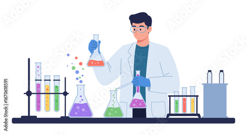 Scientist in lab coat and gloves examines a flask with orange liquid, surrounded by test tubes and beakers containing colorful solutions.