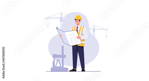 An architect or engineer wearing a hard hat and safety vest reviews blueprints at a construction site with cranes in the background.