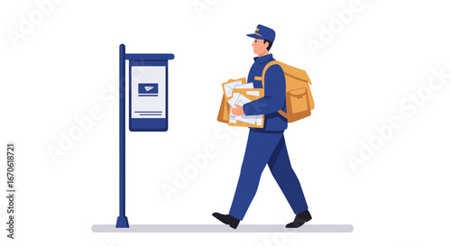 A postman in blue uniform walks towards a mailbox with letters and a yellow bag on his back.