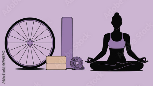 Illustration of a woman in lotus position next to a bicycle wheel and yoga equipment on a lilac background