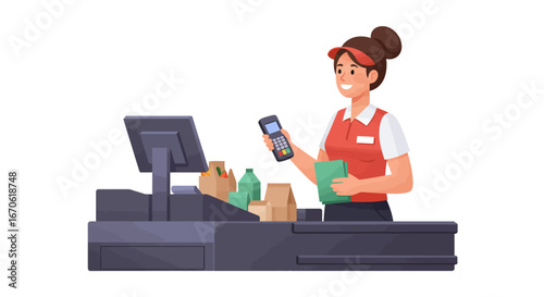 Smiling cashier holding a payment terminal at a grocery store checkout counter, ready to assist a customer.