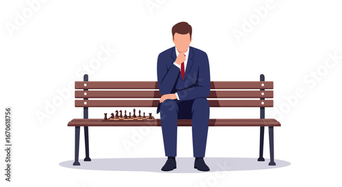 A pensive businessman in a suit sits on a bench, contemplating his next strategic move over a chessboard.