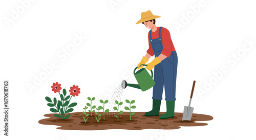A farmer diligently waters young plants and flowers in a garden.