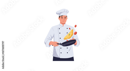 Chef expertly tossing a delicious-looking crepe in a pan.