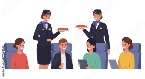 Two smiling flight attendants serve food to passengers seated in airplane seats, one using a tablet and another holding a drink.
