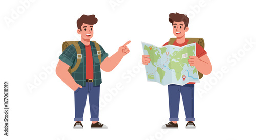 Young men on a travel adventure, one studying a world map while the other points the way.