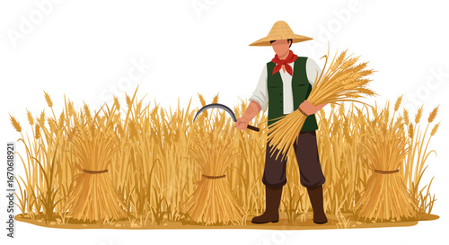 A traditional farmer wearing a straw hat and red bandana harvests golden wheat stalks with a sickle, surrounded by bundled sheaves in a field.