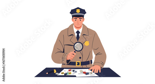 A detective in uniform examining evidence with a magnifying glass, investigating a case.