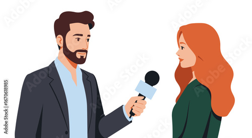 A male reporter interviewing a red-haired woman, holding a microphone, against a white background.