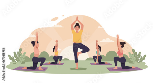 Yoga instructor leads a class in a park, demonstrating the tree pose while students follow along on mats.