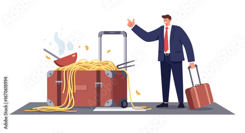 Businessman hitchhiking with a suitcase overflowing with spaghetti and a cooking pot, suggesting travel disruption or unexpected circumstances.
