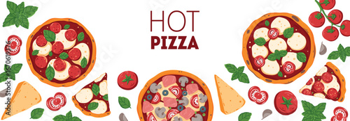 Italian Pizza frame. Italian food. Vector illustration. Hand drawn flat food style. Top view. Menu, package, logo, design template.