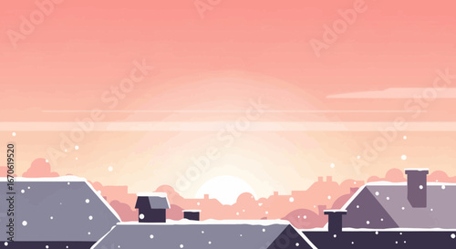 Winter Rooftops At Sunrise With Minimalist Style Flat Design Illustration
