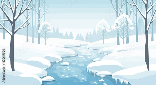 Winter River Landscape With Frozen Waterfall And Snow Covered Forest