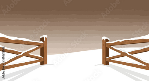Winter Scene Of Rustic Wooden Fence With Snow Capped Posts And Snowy Field