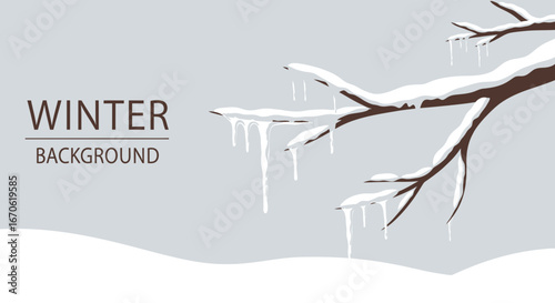 Winter Scene With Branch Covered In Snow And Hanging Icicles Background