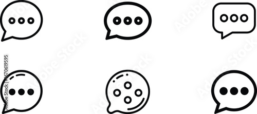 Collection of six hand drawn speech bubble icons with three dots inside representing conversation waiting or thinking in a simple black and white outline style
